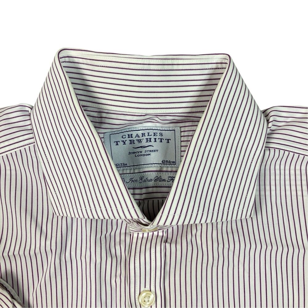 Charles Tyrwhitt Button Shirt Mens 16.5 33 Purple Striped Cutaway Collar Slim